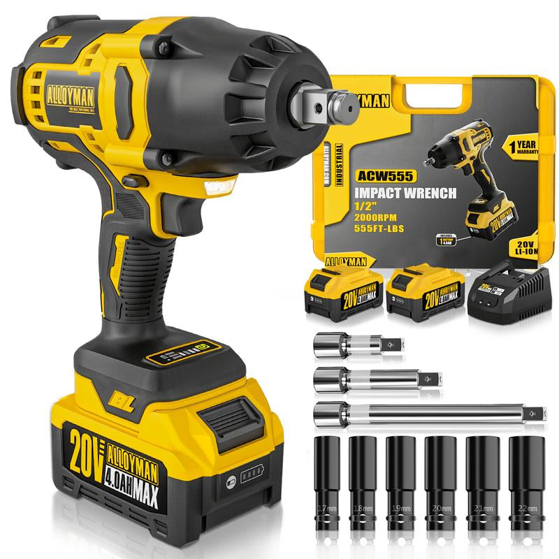 Alloyman 1/2 Inch Impact Wrench Cordless, Max Torque 555 Ft-Lbs 20V Brushless Motor 2000 RPM, with 6 Sockets, 3 Extension Bars, 4.0 AH Li-Ion Battery and 1 Hour Fast Charge