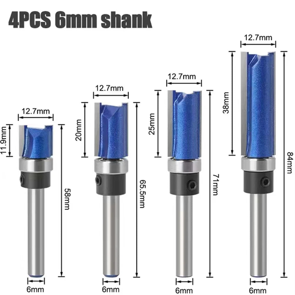6 8 12MM 1/4′′ 1/2′′ SHANK Flush Trim Router Bit with 4 Blade Woodworking Milling Cutter for Wood BIT Router Bit Set Fresa New