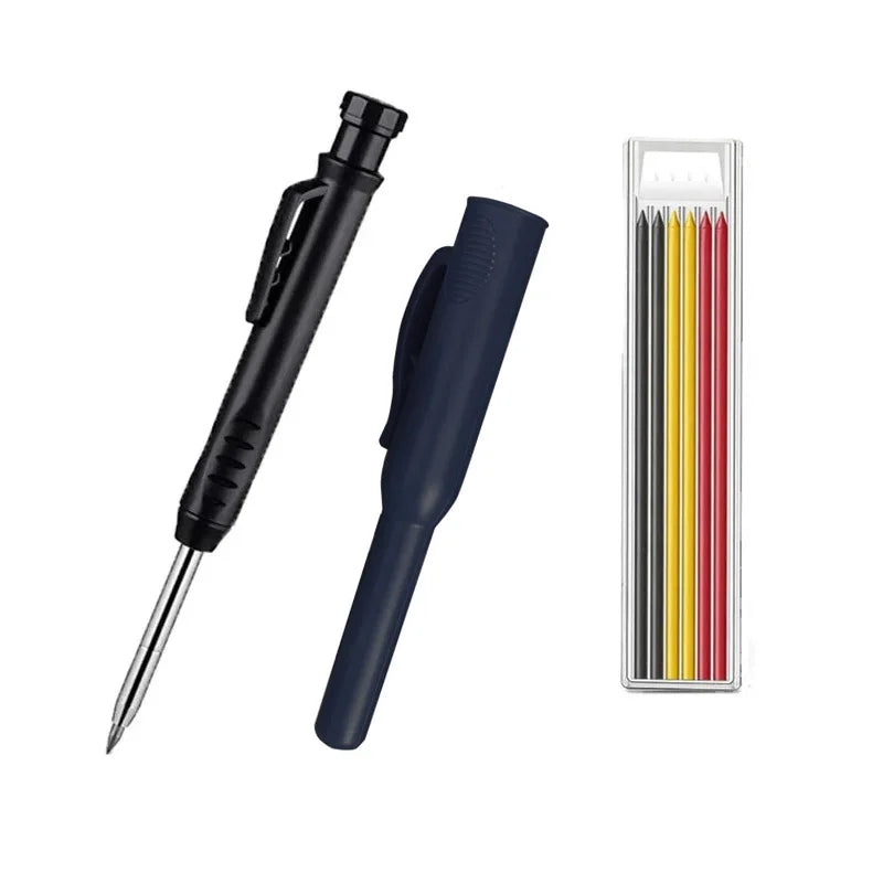 Solid Carpenter Pencil with Refill Lead and Built-In Sharpener for Deep Hole Mechanical Pencil Scribing Marking Woodworking Tool