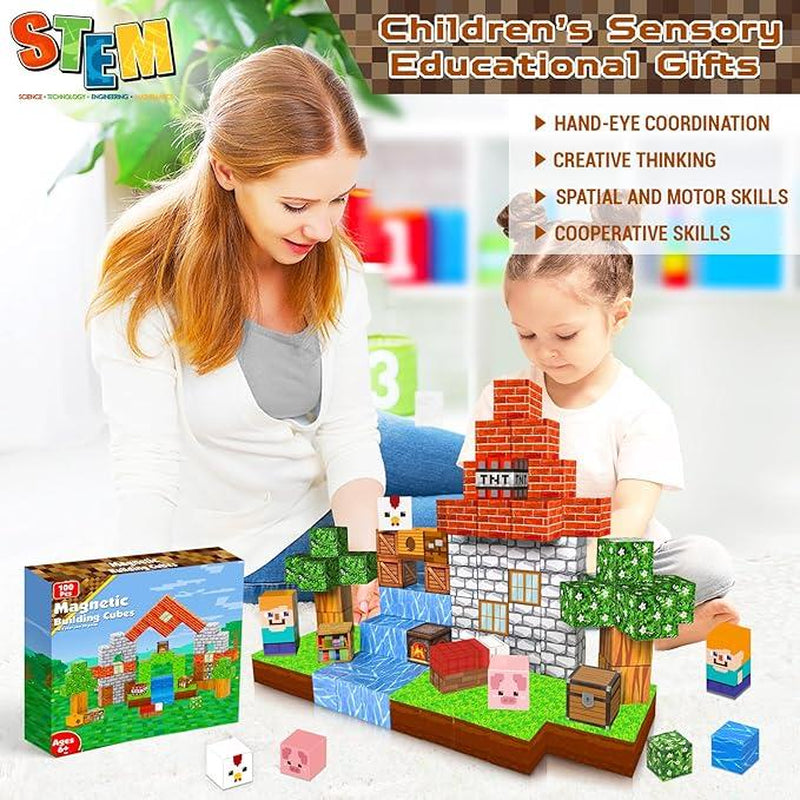 Magnetic Blocks-100Pcs Magnetic Building Blocks Magnetic Tiles Stacking, Build-Magnet-World Set, STEM Montessori Sensory Toys Magnet Blocks,Valentine'S Day Gifts, Boyfriend Gifts