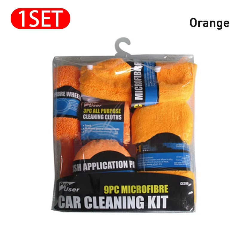 9Pcs Car Wash Cleaning Kits Microfiber Towels Blush Sponge Wash Glove Polish Care Applicator Pads Auto Detailing Washing Tools