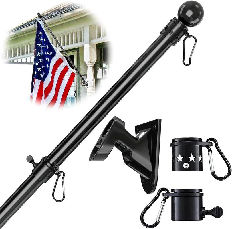 Flag Pole, 5FT Flag Pole Kit for House, 2 No-Tangle Rings Clips, Flag Holder Bracket, Stainless Steel, Black