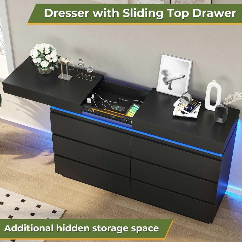 Sikaic LED Lights Dresser for Bedroom with Charging Station and Sliding Desktop Drawers Large Storage Tower Clothes Organizer Bedroom Furniture