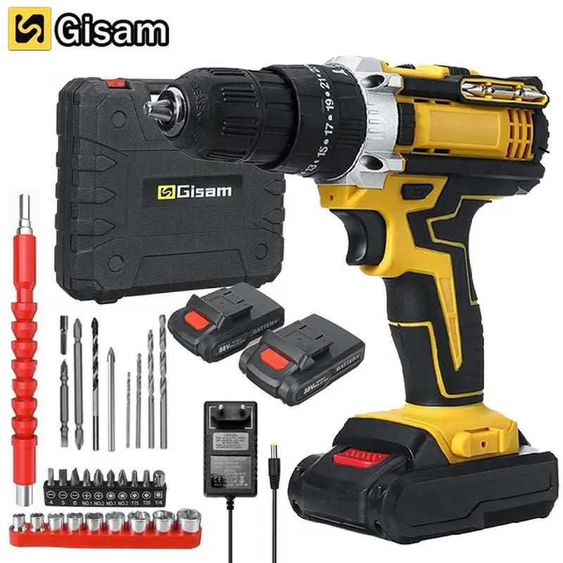 25+3Torque Cordless Drill Set Variable Speed Electric Compact Hammer Drill Screw Driver Flat Drill with Battery and Drill Bits Power Tool Kit for Home DIY