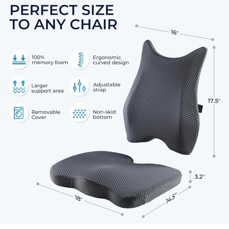 Seat Cushion & Lumbar Support Pillow: Memory Foam Chair Pad Back Cushion for Office Chair Car Seat Wheelchair Travel, Reduce Tailbone Pressure and Improve Comfort, Orthopedic Sciatica Hip Pain Relief