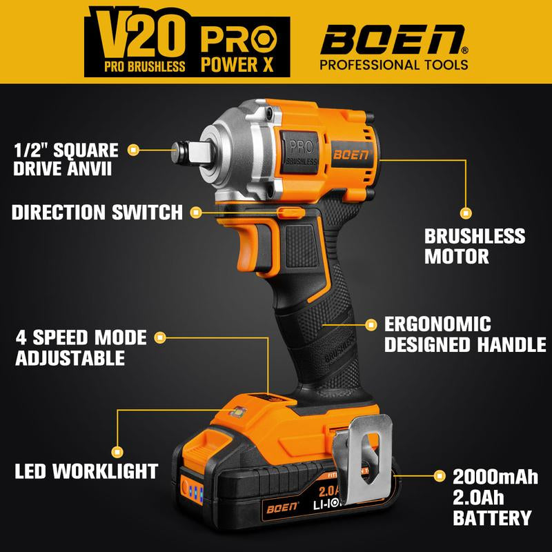 Boen Cordless Impact Wrench 1/2 Inch Brushless Electric, 260Ft-Lbs(350N.M), 2500RPM Torque Impact Gun, Includes 2.0Ah Battery, Charger, IW-79