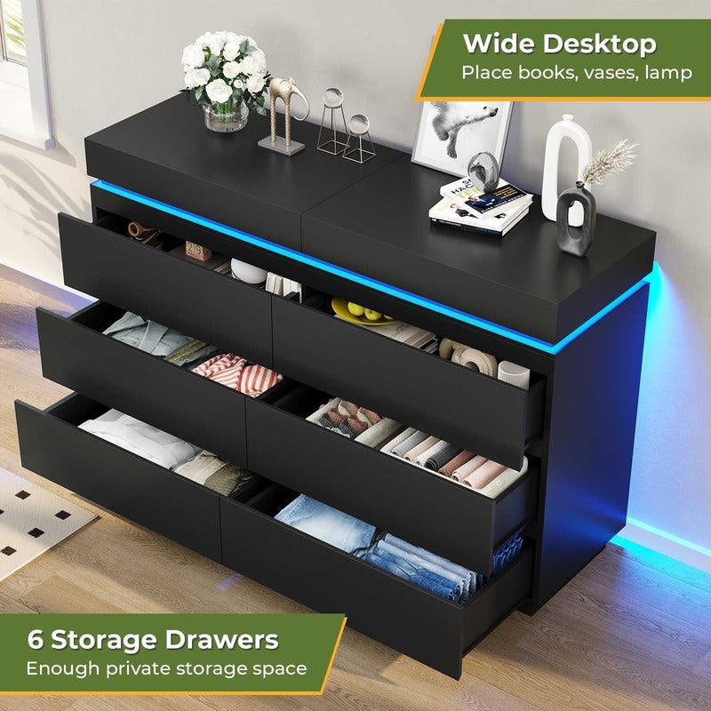 Sikaic LED Lights Dresser for Bedroom with Charging Station and Sliding Desktop Drawers Large Storage Tower Clothes Organizer Bedroom Furniture