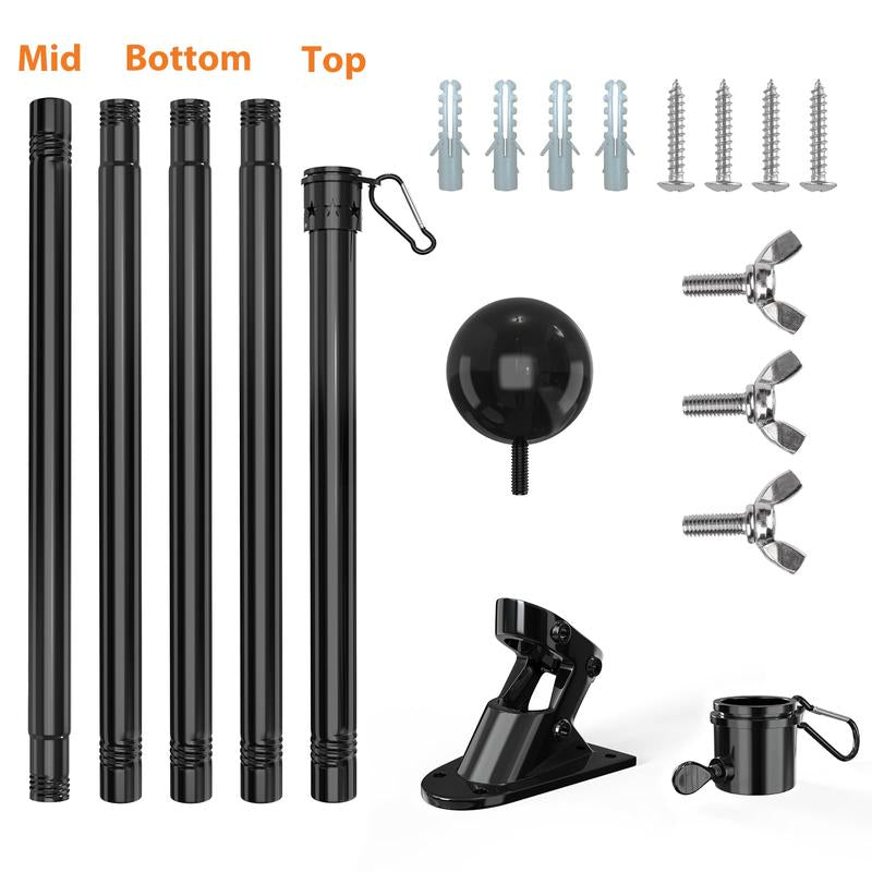 Flag Pole, 5FT Flag Pole Kit for House, 2 No-Tangle Rings Clips, Flag Holder Bracket, Stainless Steel, Black