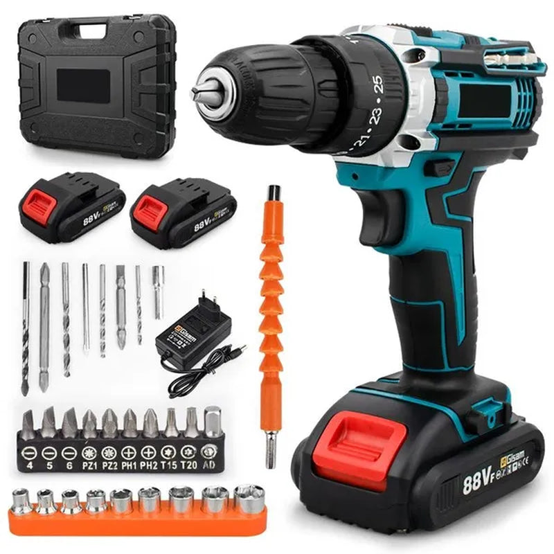 25+3Torque Cordless Drill Set Variable Speed Electric Compact Hammer Drill Screw Driver Flat Drill with Battery and Drill Bits Power Tool Kit for Home DIY