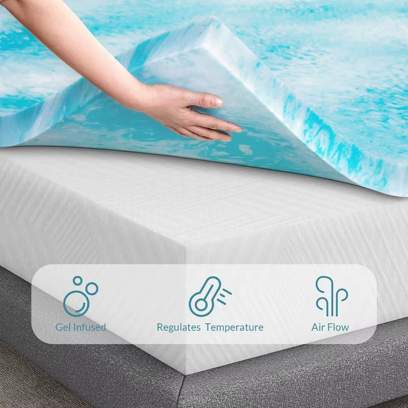 Mattress Topper, 2 Inch Gel Infused Memory Foam Mattress Topper, Queen Blue