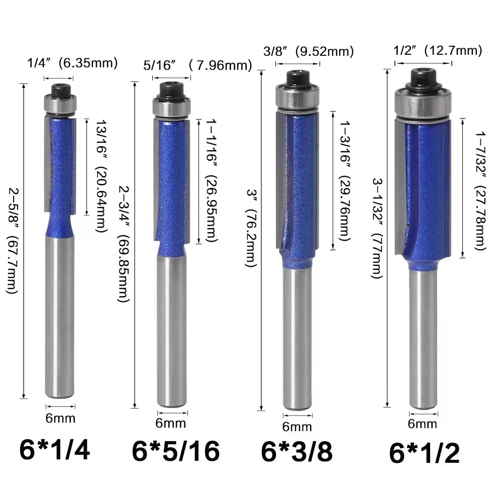 6 8 12MM 1/4′′ 1/2′′ SHANK Flush Trim Router Bit with 4 Blade Woodworking Milling Cutter for Wood BIT Router Bit Set Fresa New