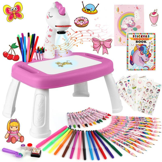 Drawing Projector for Kids, Drawing Board with Music, Color Pens, Pencils, Crayons, Scrapbook, Sticker Book, Unicorn Stickers, Stamps, Ideal Toy for 3+ Year Old Girls & Boys