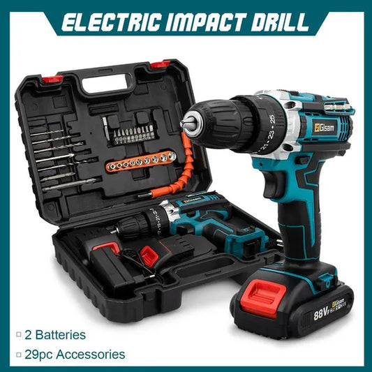 [2 Battery&29Pc Drill Bits] Cordless Impact Drill Set 25+3Torque Adjustable Speed Electric Compact Hammer Drill Screw Driver Flat Drill Power Tool Kit