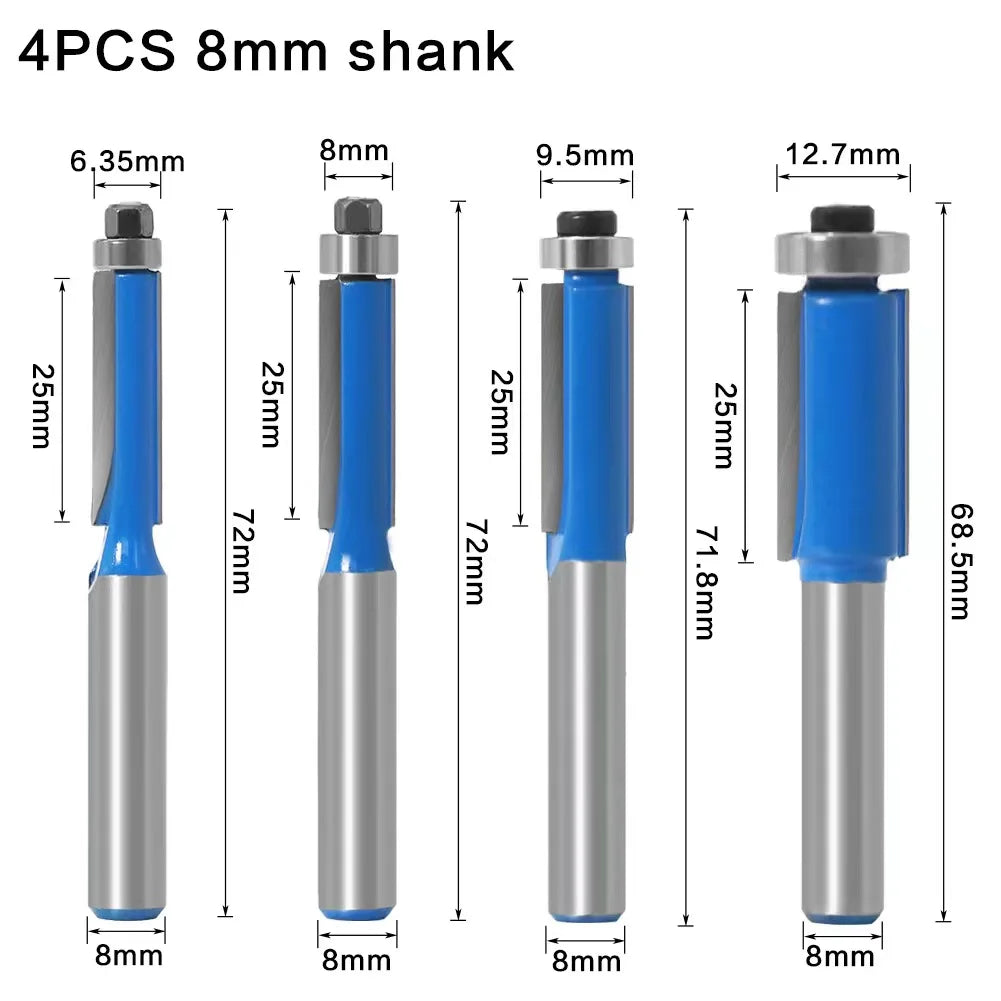 6 8 12MM 1/4′′ 1/2′′ SHANK Flush Trim Router Bit with 4 Blade Woodworking Milling Cutter for Wood BIT Router Bit Set Fresa New