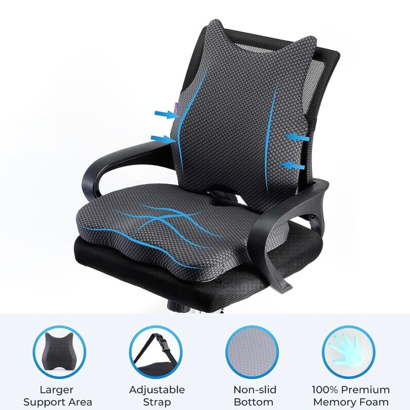 Seat Cushion & Lumbar Support Pillow: Memory Foam Chair Pad Back Cushion for Office Chair Car Seat Wheelchair Travel, Reduce Tailbone Pressure and Improve Comfort, Orthopedic Sciatica Hip Pain Relief