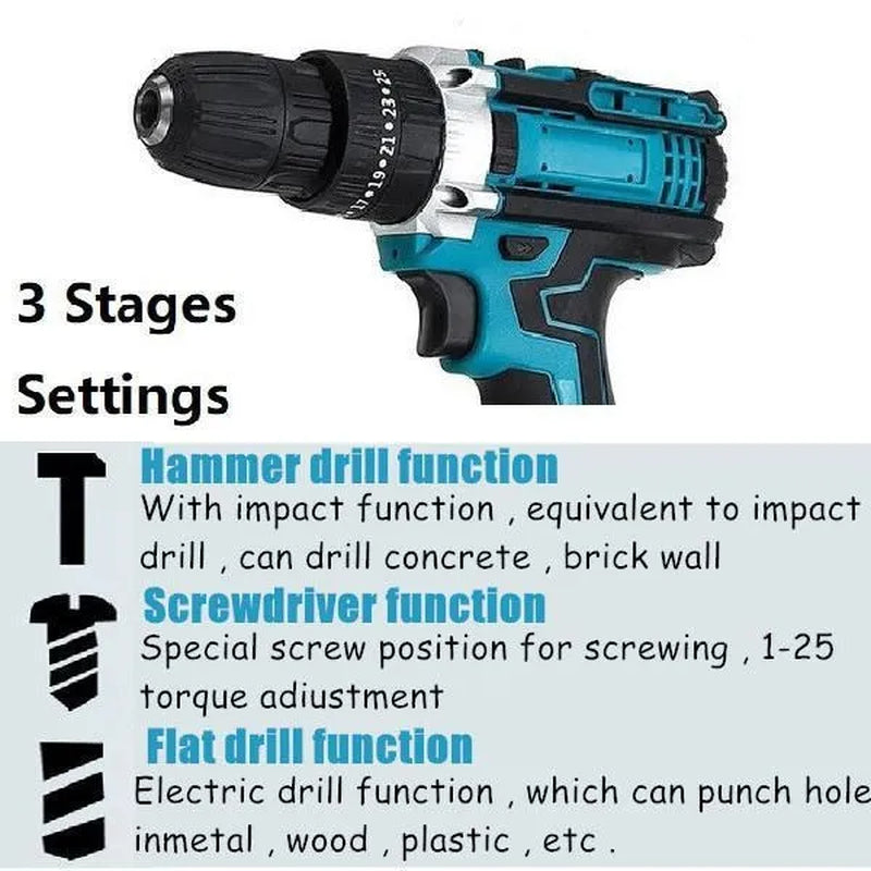 [2 Battery&29Pc Drill Bits] Cordless Impact Drill Set 25+3Torque Adjustable Speed Electric Compact Hammer Drill Screw Driver Flat Drill Power Tool Kit