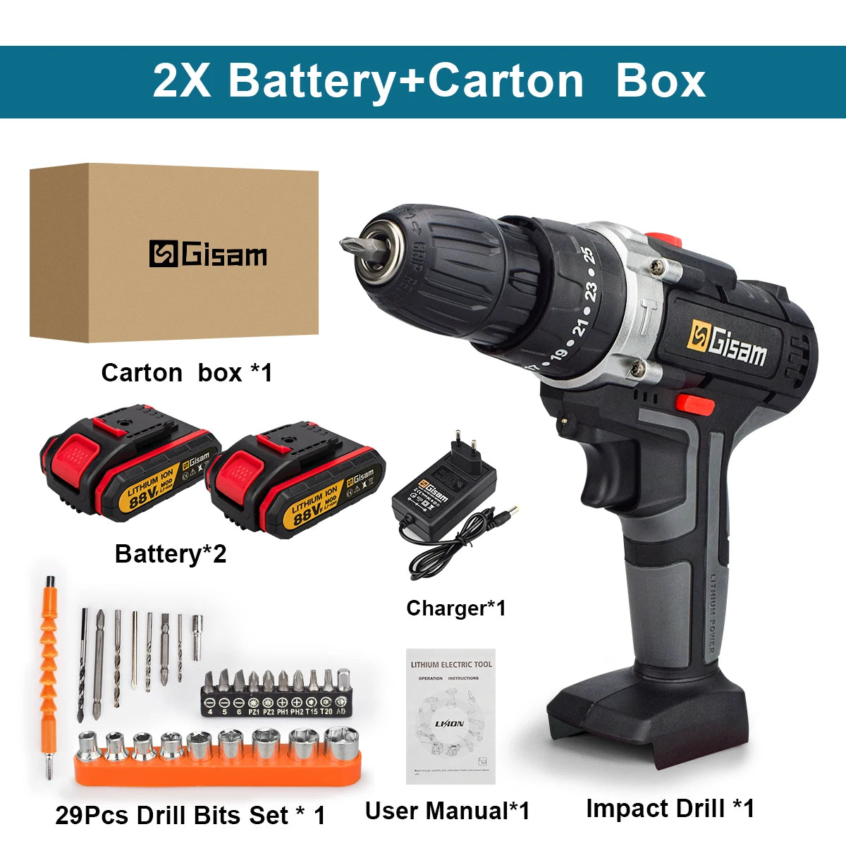 21V Cordless Impact Drill Electric Screwdriver Electric Hammer Drill Mini Wireless Hand Drill Lithium-Ion Battery Power Tools