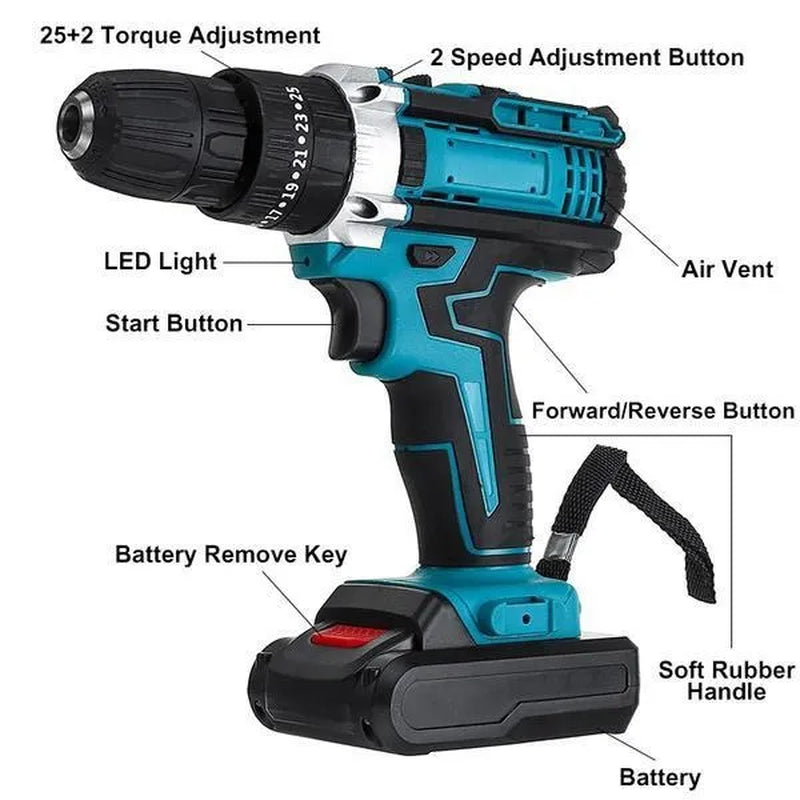 [2 Battery&29Pc Drill Bits] Cordless Impact Drill Set 25+3Torque Adjustable Speed Electric Compact Hammer Drill Screw Driver Flat Drill Power Tool Kit