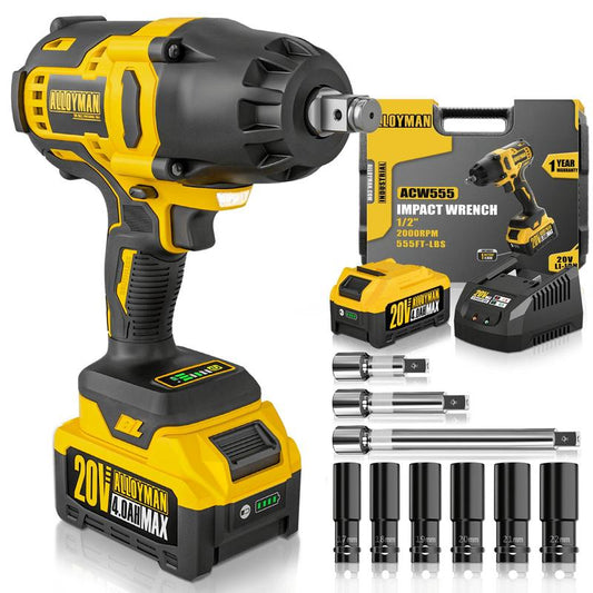 Alloyman 1/2 Inch Impact Wrench Cordless, Max Torque 555 Ft-Lbs 20V Brushless Motor 2000 RPM, with 6 Sockets, 3 Extension Bars, 4.0 AH Li-Ion Battery and 1 Hour Fast Charge