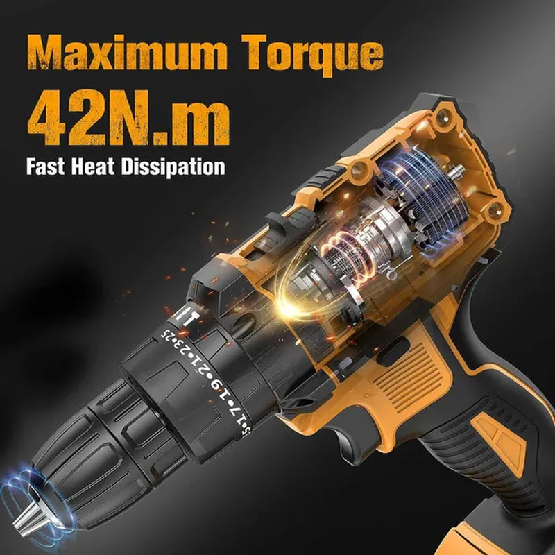 25+3Torque Cordless Drill Set Variable Speed Electric Compact Hammer Drill Screw Driver Flat Drill with Battery and Drill Bits Power Tool Kit for Home DIY