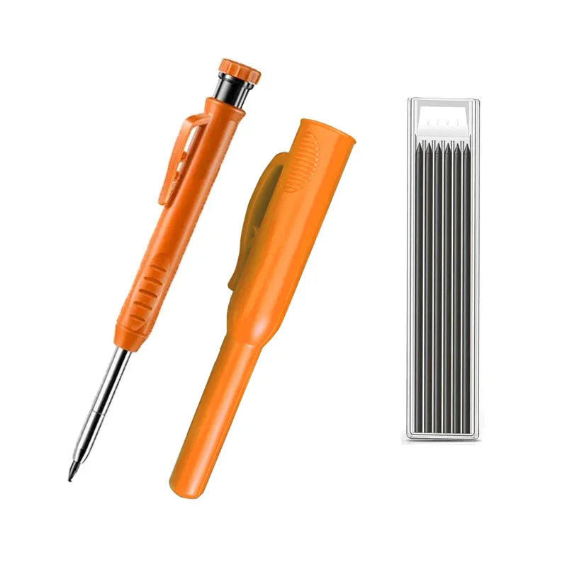 Solid Carpenter Pencil with Refill Lead and Built-In Sharpener for Deep Hole Mechanical Pencil Scribing Marking Woodworking Tool