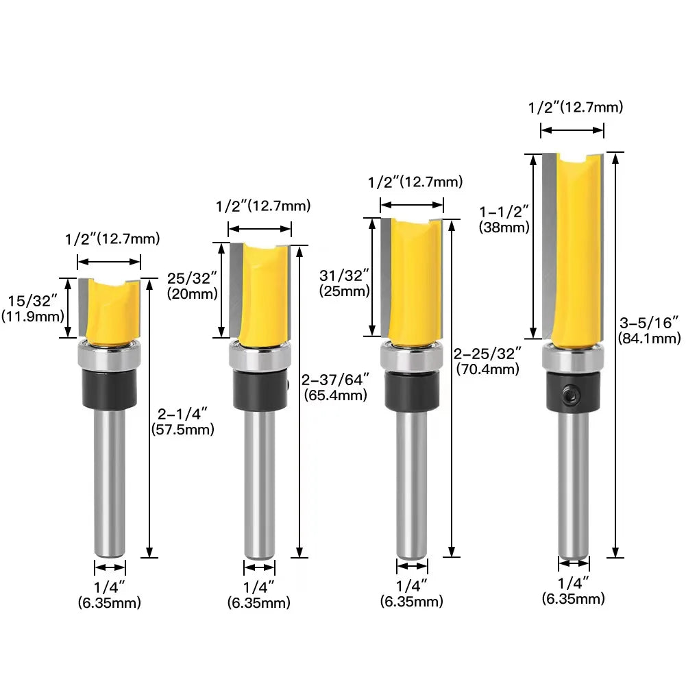 6 8 12MM 1/4′′ 1/2′′ SHANK Flush Trim Router Bit with 4 Blade Woodworking Milling Cutter for Wood BIT Router Bit Set Fresa New