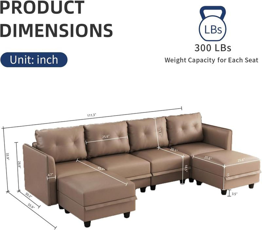 Llappuil Modular Sectional Sofa, 112" U Shaped Sectional Sofa Couch with Storage, Faux Leather Fabric Waterproof Sectional Couch for Living Room, 6 Seat Modular Sectional Sofa Coffee