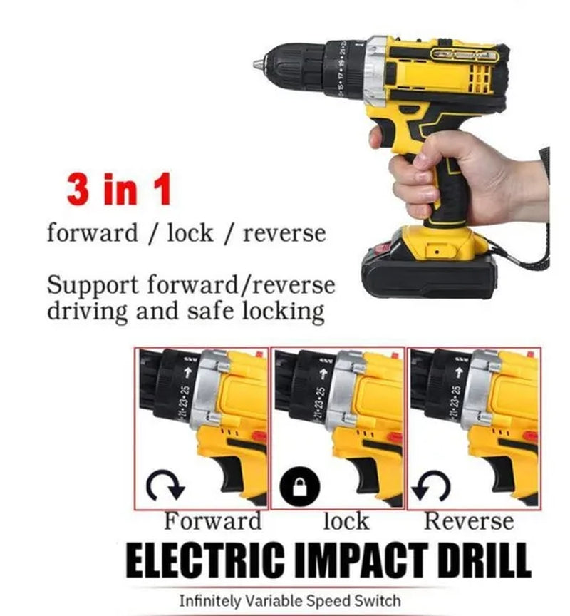 [2 Battery&29Pc Drill Bits] Cordless Impact Drill Set 25+3Torque Adjustable Speed Electric Compact Hammer Drill Screw Driver Flat Drill Power Tool Kit