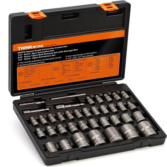 THINKWORK Bolt Extractor Set, 38 Counts Impact Bolt & Nut Remover Set, Stripped Lug Nut Remover for Removing Damaged, Frozen, Rusted Universal Impact