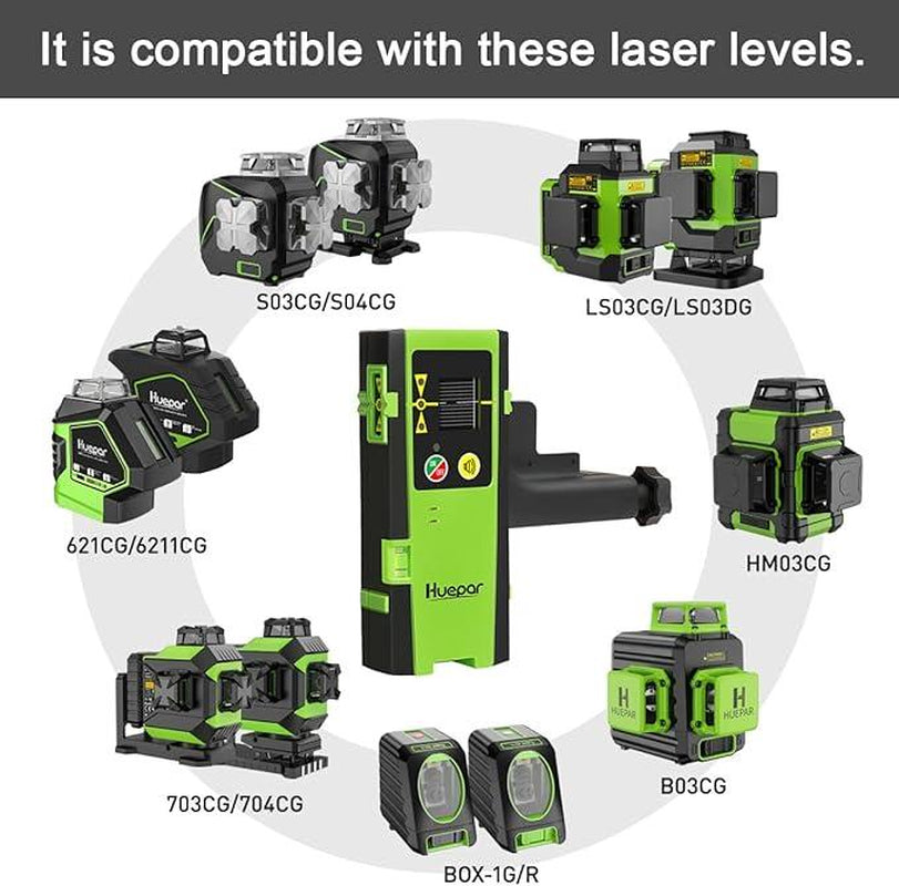 Huepar LR-6RG - Laser Detector, Detects Green and Red Beams, Digital Laser Receiver for Laser Levels, Digital Laser Receiver, Three-Sided LED Display, Includes Clamp, Compatible with Huepar Pulse Mode Line Laser Levels, up to 200 Feet