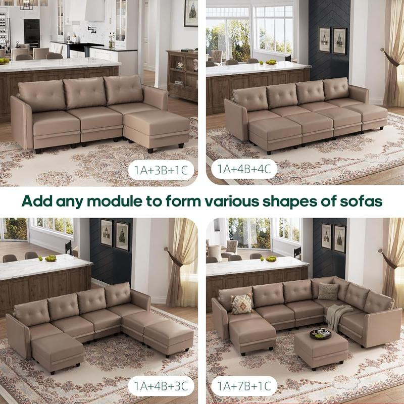 Llappuil Modular Sectional Sofa, 112" U Shaped Sectional Sofa Couch with Storage, Faux Leather Fabric Waterproof Sectional Couch for Living Room, 6 Seat Modular Sectional Sofa Coffee