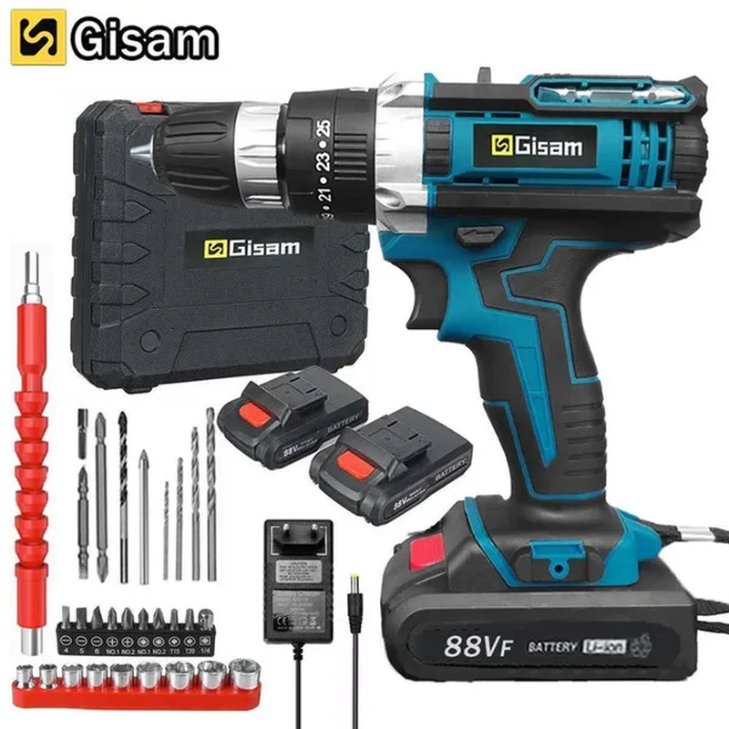 25+3Torque Cordless Drill Set Variable Speed Electric Compact Hammer Drill Screw Driver Flat Drill with Battery and Drill Bits Power Tool Kit for Home DIY