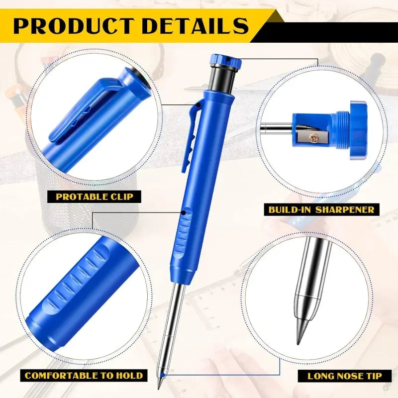 Solid Carpenter Pencil with Refill Lead and Built-In Sharpener for Deep Hole Mechanical Pencil Scribing Marking Woodworking Tool