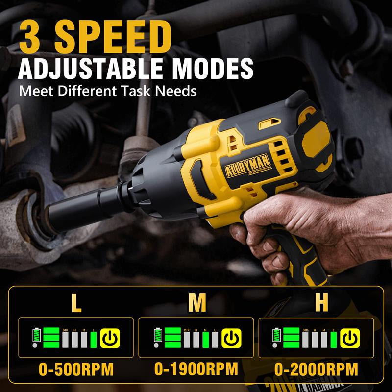 Alloyman 1/2 Inch Impact Wrench Cordless, Max Torque 555 Ft-Lbs 20V Brushless Motor 2000 RPM, with 6 Sockets, 3 Extension Bars, 4.0 AH Li-Ion Battery and 1 Hour Fast Charge