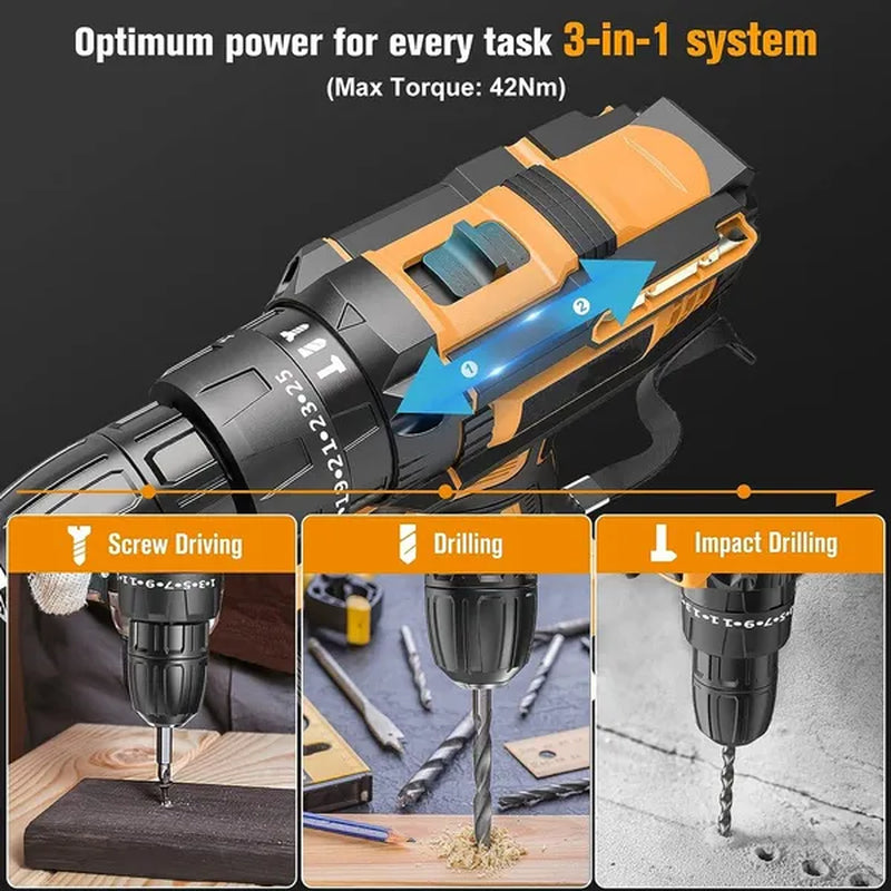 25+3Torque Cordless Drill Set Variable Speed Electric Compact Hammer Drill Screw Driver Flat Drill with Battery and Drill Bits Power Tool Kit for Home DIY