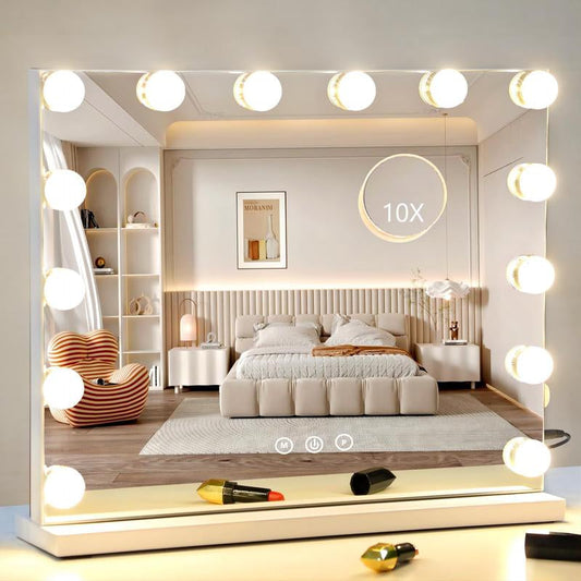 Hollywood Vanity Mirror Vanity Mirror with Lights 14 Dimmable Lightbulbs 3 Lighting Modes for Dressing Table Vanity Mirror Makeup Mirror 10X Magnifying Glass Touchscreen 58X46Cm,Usb Charging Port Touchcontrol Wall Mounted Mirror for Dressing Table