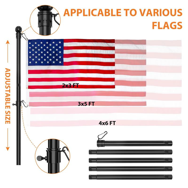 Flag Pole, 5FT Flag Pole Kit for House, 2 No-Tangle Rings Clips, Flag Holder Bracket, Stainless Steel, Black