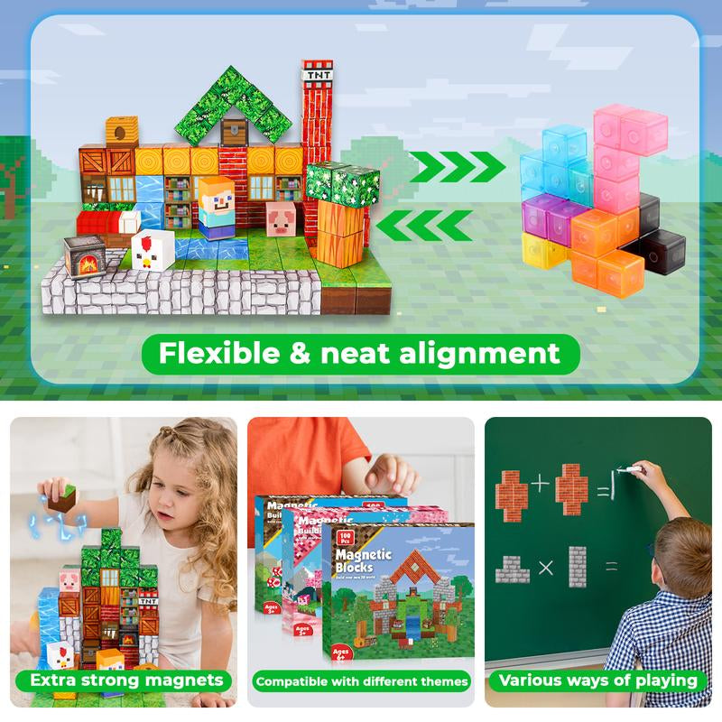 Magnetic Blocks-100Pcs Magnetic Building Blocks Magnetic Tiles Stacking, Build-Magnet-World Set, STEM Montessori Sensory Toys Magnet Blocks，Valentine'S Day Gifts, Boyfriend Gifts