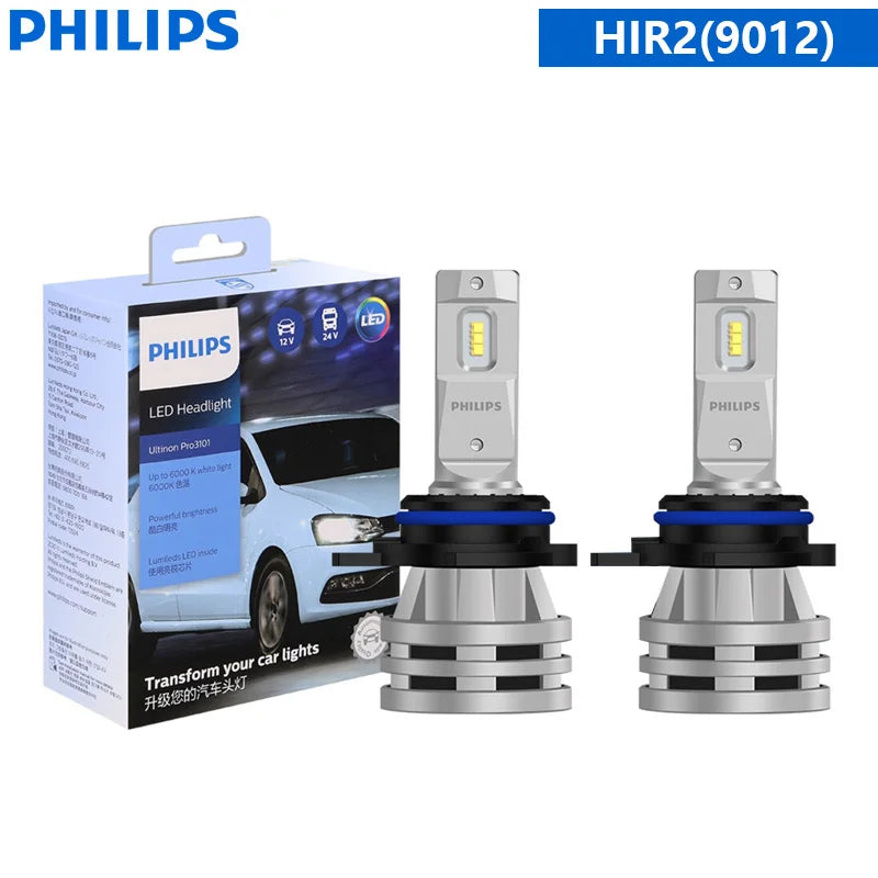 Philips LED H1 H3 H4 H7 H11 Ultinon Pro3101 12V/24V 6000K Bright White HB3 9005 HB4 9006 HIR2 9012 Auto Headlight LED Lamps, 2X